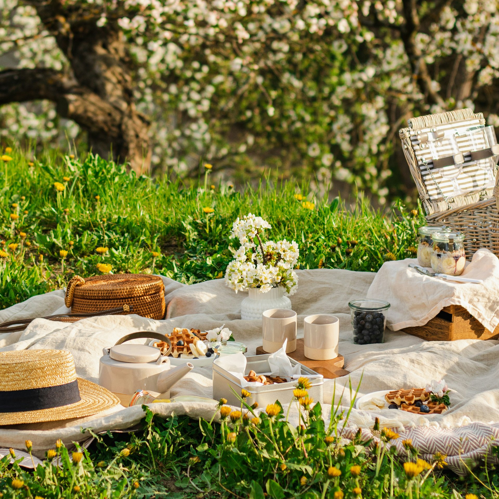 Picknick mit Korb, Hut und Snacks auf einer Wiese mit blühenden Bäumen