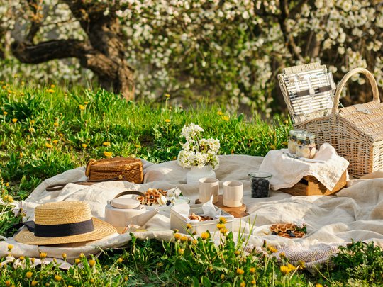 News aus unserem Hotel in Kastelruth Picknick mit Korb, Hut und Snacks auf einer Wiese mit blühenden Bäumen