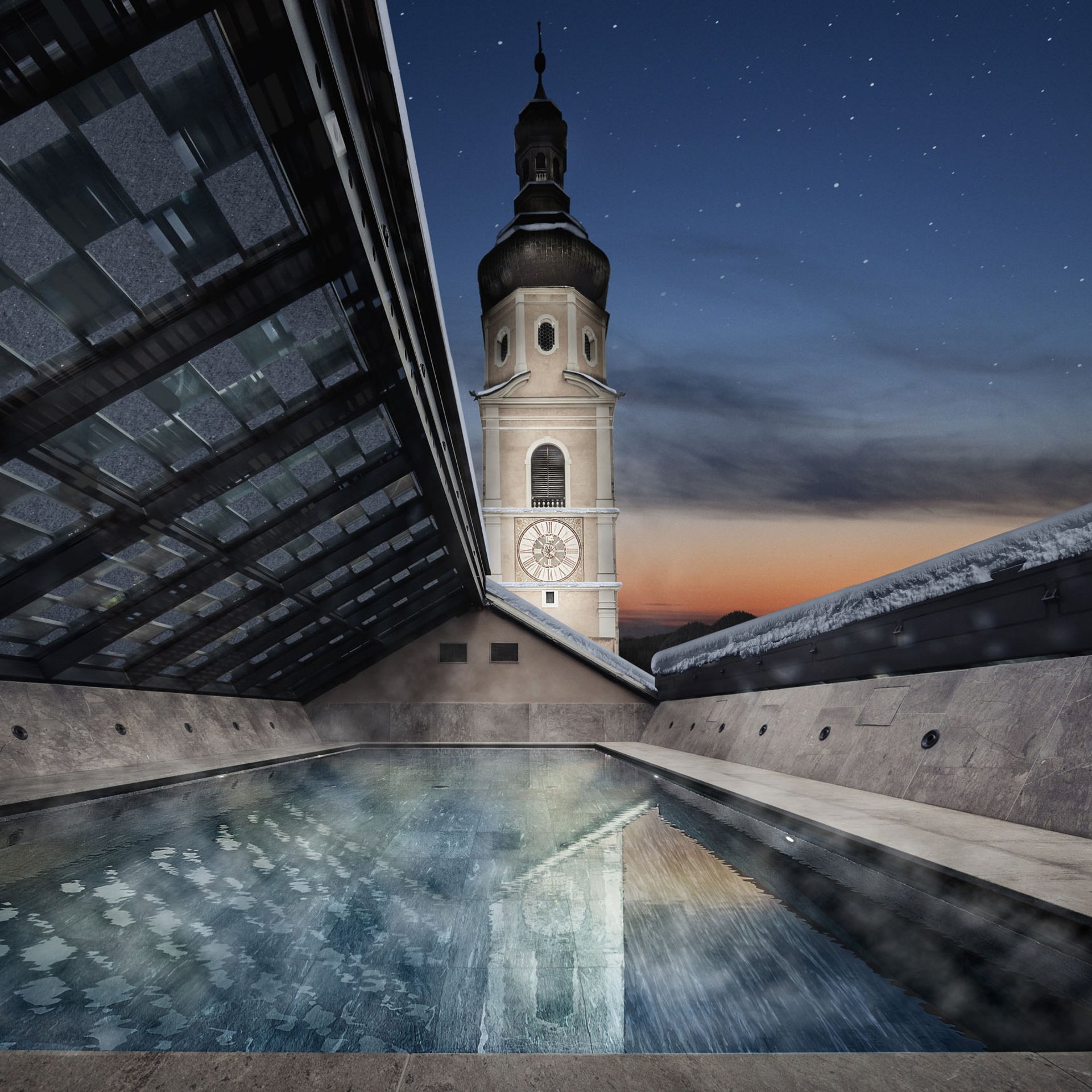 Beheizter Pool auf dem Dach mit Blick auf einen Turm bei Dämmerung